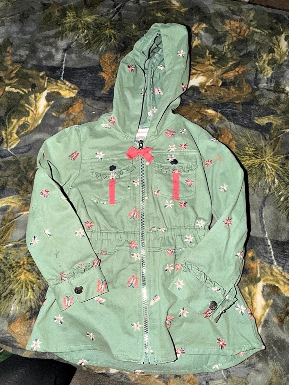 Little Lass Girls Floral Cinched Waist Full Zip Hooded Jacket Hooded Jacket